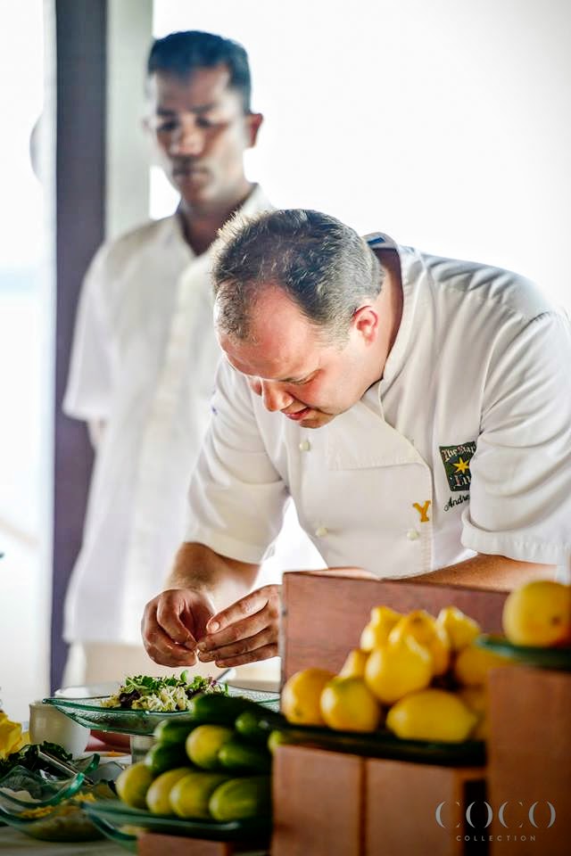 Chef Andrew Pern preparing Dressed King Crab with Green Herb Mayonnaise,Tomato & Basil Salad,Paramesan Crips, Bloody Mary Dressing, Savour 2015
