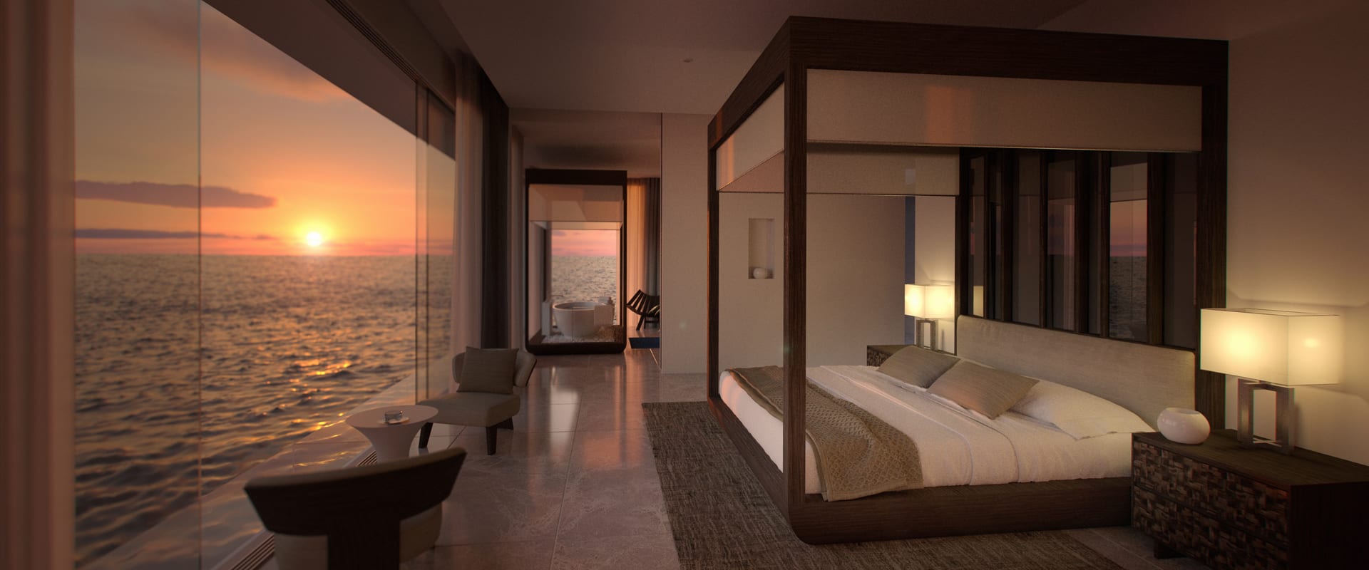 The master bedroom on the upper deck offers sweeping views of the ocean
